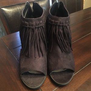 Fringe peep toe booties